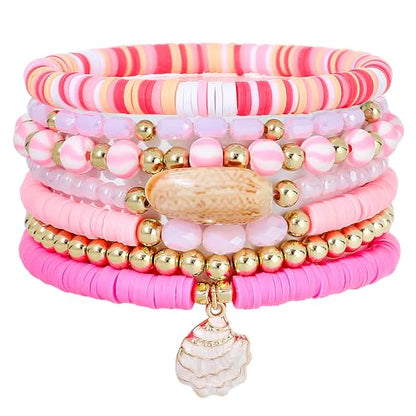 Summer Surfer Heishi Bracelet Set for Women Stackable Gold Plated Clay Ploymer Bead Stretch Pink Beach Layering Bracelets Jewelry - color: A-Pink Watermelon shell charm 7pcs