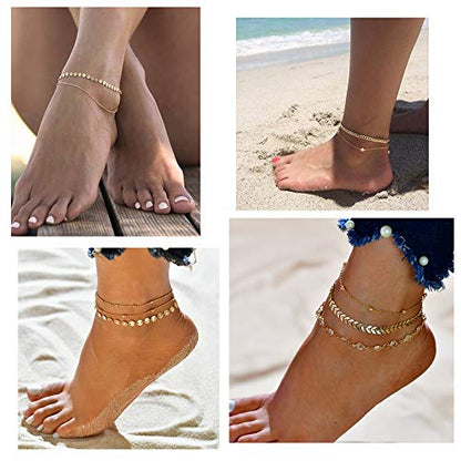 Softones 16Pcs Ankle Bracelets for Women Gold Silver Two Style Chain Beach Anklet Bracelet Jewelry Anklet Set,Adjustable Size - color: A:Silver
