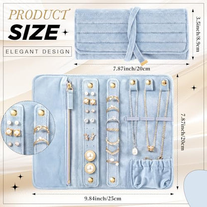 Tondiamo 1 Pcs Velvet Jewelry Roll Luxury Travel Jewelry Case for Ring Necklace Earring Bracelet Storage Bag Women Bridesmaid Gift (Light Blue) - color: Light Blue