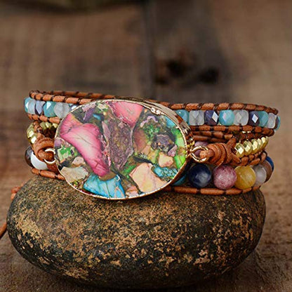 Women Wrap Bracelet Boho Natural Jasper Crystal Stone Beads Strand Bracelets - color: Style 23-Colorful Turquoise