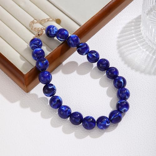 Chunky Necklaces for Women Trendy 20MM Large Resin Beaded Necklace Bold Statement Chunky Choker Necklace Boho Beads Summer Beach Jewelry - color: Royal blue