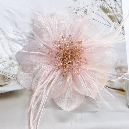 4" Crystal Feather Flower Brooch Pin for Women Girls Dainty Bright Satin Rhinestone Floral Brooches Lapel Hair Pins Elegant Wedding Cocktail Prom Party Hat Bag Suit Clothing Dress Accessories Jewelry Gift - color: Pink