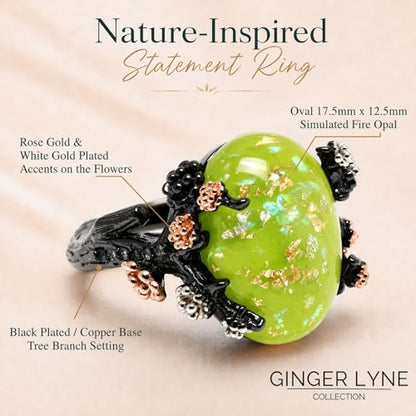 Henrietta Gothic Opal Ring for Women, Fantasy Promise Ring by Ginger Lyne | Simulated White Fire Opal, Cubic Zirconia Black Rose Gold Plated Bold Jewelry Statement Piece For Engagements, Gifts & Events - color: Green-Gold