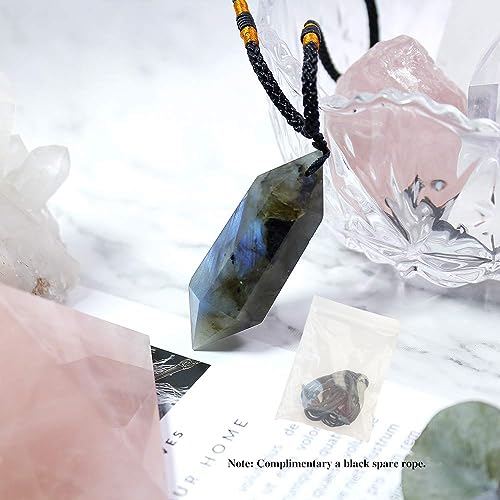 Runyangshi Labradorite Healing Crystal Pendants, Double Pointed Natural Crystal Quartz Necklace 6 Faceted Chakra Crystal Wand Stone - color: Labradorite