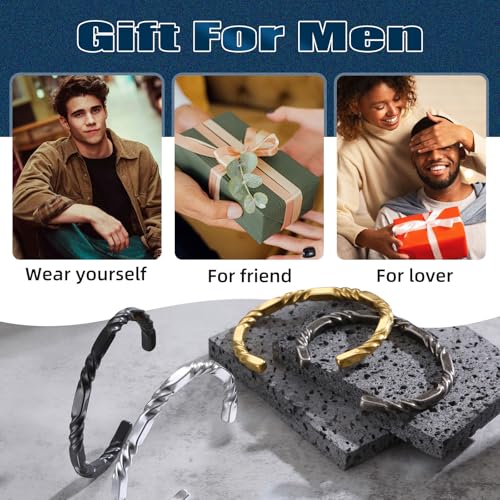 Hisatan Stainless Steel Mens Cuff Bracelet, Minimal Twist Cool Antique Retro/Silver/Black Open Metal Cuff Bangle Bracelets for Men, 65/70mm - color: Silver