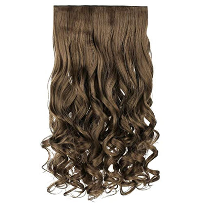 REECHO 24" 1-pack 3/4 Full Head Curly Wave Clips in on Synthetic Hair Extensions HE008 Hair pieces for Women 5 Clips 4.5 Oz Per Piece - Ash Light Brown - color: Ash Light Brown, size: 24 Inch (Pack of 1)