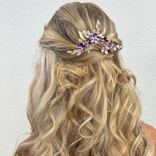Purple Flower Hair Comb for Bride Crystal Gold Metal Leaf Floral Hair Pieces Accessories for Wedding Prom