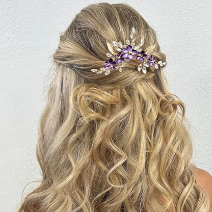 Purple Flower Hair Comb for Bride Crystal Gold Metal Leaf Floral Hair Pieces Accessories for Wedding Prom