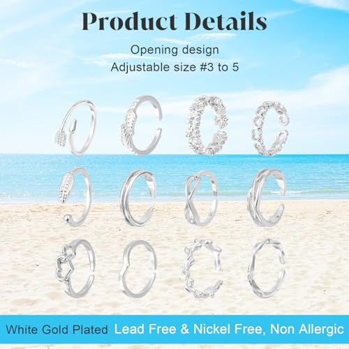 Ouligay 12PCS Toe Rings for Women Non Tarnish Silver Adjustable Toe Rings Set with Open Flower Toe Ring, Copper Crafted, Perfect Summer Beach Jewelry - color: Silver