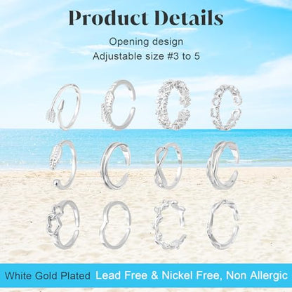 Ouligay 12PCS Toe Rings for Women Non Tarnish Silver Adjustable Toe Rings Set with Open Flower Toe Ring, Copper Crafted, Perfect Summer Beach Jewelry - color: Silver