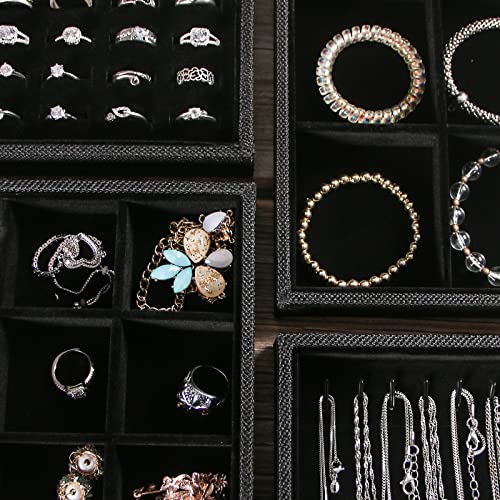 Julysky 4 Pcs/set Stackable Jewelry Organizer Trays for Drawer,100 Slots Ring Tray，Necklace Tray,12 Grid,24 Grid Jewelry Displays for Selling,Black - size: 100slot+Necklice+12grid+24grid