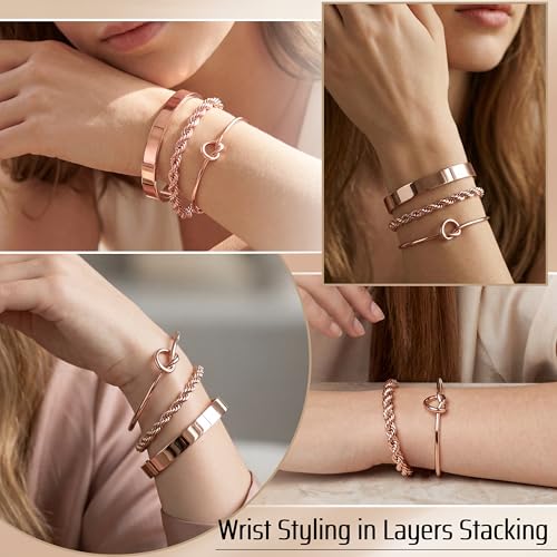 925 Sterling Silver Bracelets for Women Stack, Trendy Tennis Bangle Cuff Jewelry Set 14K Gold Plated, Adjustable Bracelet Set for Wrist Essentials, Women Fashion Watch Band Acecessories - style: Bracelet_3pcs(RoseGold Bangle Set)