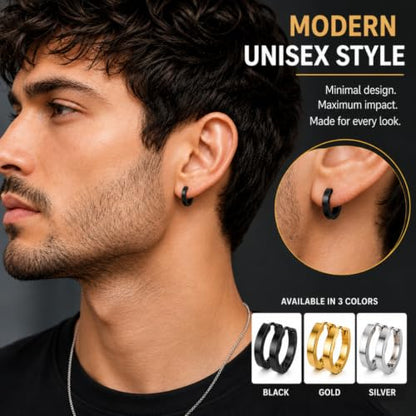 3 Pairs Stainless Steel Huggie Hoop Earrings for Men and Women – Black, Gold & Silver Hinged Hoop Set – Hypoallergenic Small Clicker Earrings for Everyday Wear