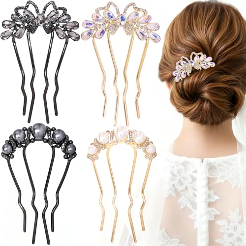 4Pcs Metal French Hair Pins for Women, 4 Prong Hair Fork Side Combs for Bun Updo, Rhinestone Crystal Pearl Decorative Chignon Pins, Vintage Gold Black Hair Accessories for Wedding Bridal - color: 4Pcs Metal French Hair Pins for Women, style: 4Pcs Metal Fr