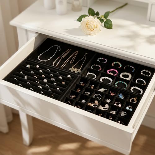 Stackable Jewelry Trays 4 Set Black Drawer Organizer Velvet | versatile 4-piece set, soft velvet lining, space-saving stackable design, customizable organization, easy maintenance