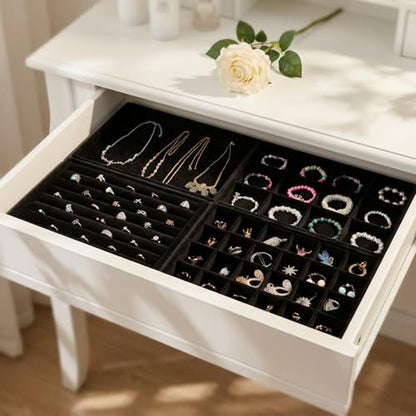 Stackable Jewelry Trays 4 Set Black Drawer Organizer Velvet | versatile 4-piece set, soft velvet lining, space-saving stackable design, customizable organization, easy maintenance