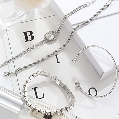 4 Pcs Dainty Gold Silver Bracelets Set for Women 14K Plated Link Cubic Zirconia Paperclip Stake Layering Chain Adjustable Trendy Hand Jewelry - color: Silver
