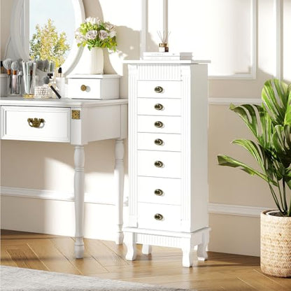 Giantex Standing Jewelry Cabinet with 7 Drawers, Flip-Top Mirror, 2 Side Doors with 12 Necklace Hooks, Divided Ring Compartments, Velvet-Lined Jewelry Armoire Organizer Chest (White) - color: White