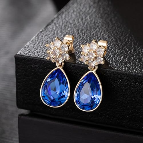 Elegant Austrian Crystal Teardrop Dangle Earrings for Women,14K Gold Plated Flower Drop Earrings Jewelry Gift for Birthday Wedding Anniversary - color: Sapphire