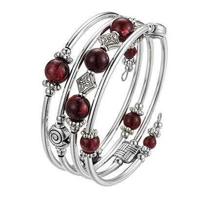 Beaded Pearl Bangle Wrap Bracelet - Fashion Bohemian Jewelry Multilayer Charm Bracelet with Thick Silver Metal Beads, Gift For Women - color: Dark Red