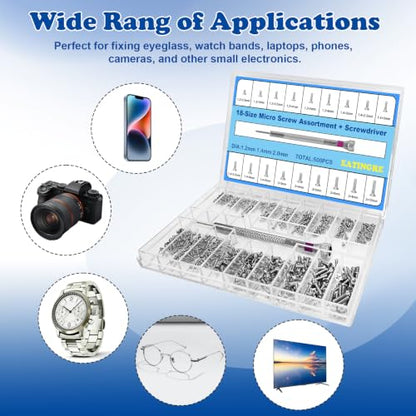 500Pcs Micro Screws Assortment Kit, 18 Sizes M1.2 M1.4 M2 Tiny Screws | for Glasses, Watches, Laptop, Electronics Repair, Stainless Steel, with Screwdriver