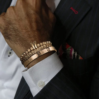 3pcs/set Classical Handmade Braiding Bracelet Hip Hop Men Pave CZ Leopard Head Roman Numeral Bracelet Stainless Steel Jewelry - color: 3pcs C Crwon Gold