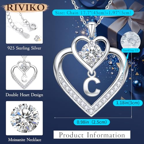 RIVIKO 1 Carat Moissanite Heart Initial Necklace for Women,Letter Pendant | 925 Sterling Silver Chain,Personalized Jewelry,Anniversary Birthday Gifts for Wife Friend Mom - color: Letter C