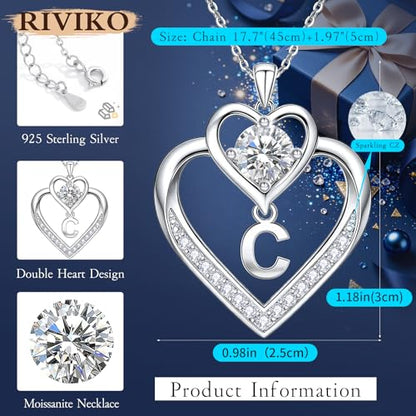 RIVIKO 1 Carat Moissanite Heart Initial Necklace for Women,Letter Pendant | 925 Sterling Silver Chain,Personalized Jewelry,Anniversary Birthday Gifts for Wife Friend Mom - color: Letter C