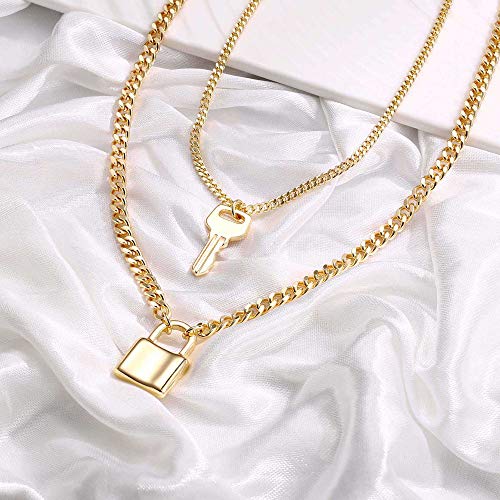 Turandoss Dainty Layered Choker Necklace, Handmade Y Pendant Necklace Multilayer Bar Disc Necklace Adjustable Layering Choker Necklaces for Women - style: 2PCS - Key&Lock
