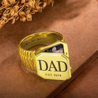 AILIN Custom Picture Rings For Men Personalized Engraved Monogram Initial Number Family Crest Coat of Arms Signet Rings For Father Son Family Memorial Dad Rings Class Graduation Gifts For Papa - style: Square Style