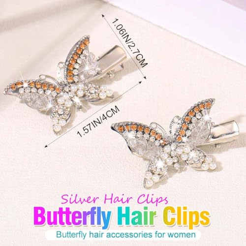 BARTOSI Butterfly Hair Clips Gold Fancy Hair Clip Rhinestone Butterfly Hair Accessories for Women and Girls (Pack of 2) - color: Silver