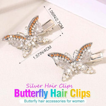 BARTOSI Butterfly Hair Clips Gold Fancy Hair Clip Rhinestone Butterfly Hair Accessories for Women and Girls (Pack of 2) - color: Silver