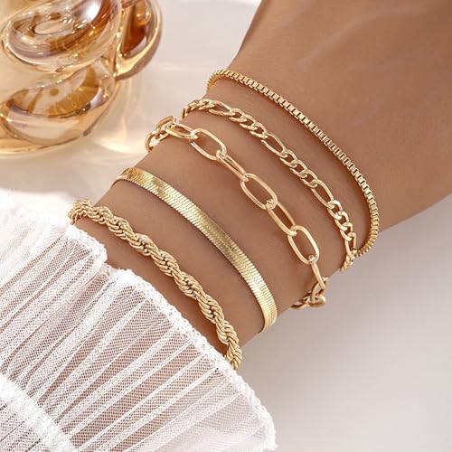Women's Bracelet Set, 5PCS Gold Plated Stackable Bracelets - Thin Chain, Cuban Link, Paperclip Styles, Dainty Fashion Jewelry Gift for Women