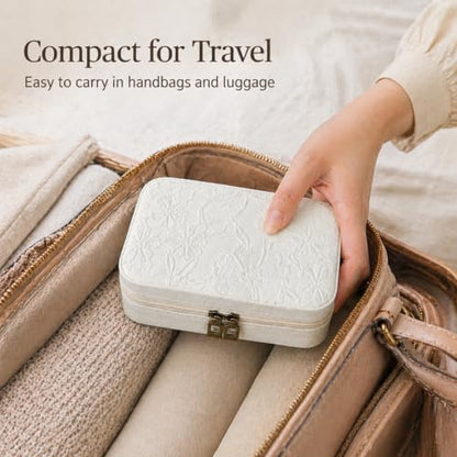 Travel Jewelry Case, Jewelry Box with Floral Embossed, PU Leather Travel Jewelry Organizer with Zipper, Velvet Lined Ring Earring Necklace Case for Travel, 6.3 x 4.7 x 2.4 in - color: White-2