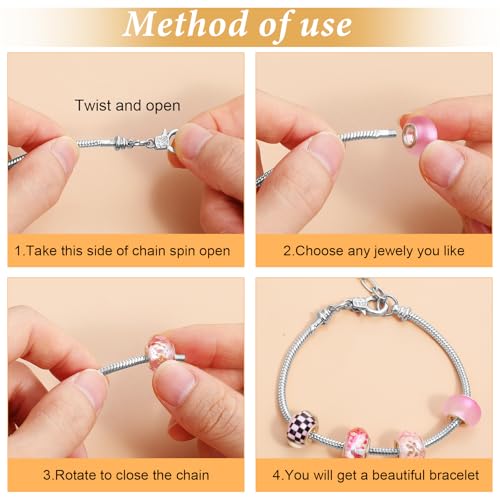 Molain 40 Pieces Silver Snake Charm Bracelet Chains, 7.87 Inch Adjustable Jewelry Making Charm Bracelet with Heart Extender Chains for DIY Women Gifts