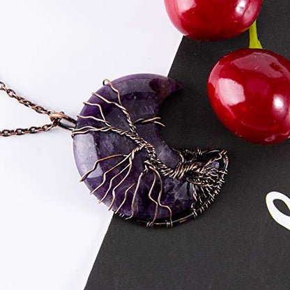 Bivei Life Tree Crescent Moon Necklaces for Women | Copper Wire Wrap Gemstones Pendant Crystals and Natural Stones Necklace Witch Jewellery Christmas Valentine's Day for Friends - color: Purple - Amethyst, style: Pack of 1