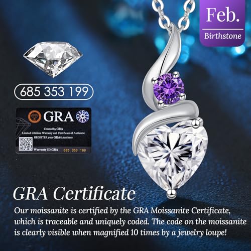 ANDSO Heart Moissanite Necklaces Birthday Jewelry Gifts for Women | S925 Silver /Gold Plating Birthstone Necklace, Ideal Anniversary Christmas Valentine Present for Mom Wife Her Girlfriend - style: Silver-2 Carat-Amethsy Purple
