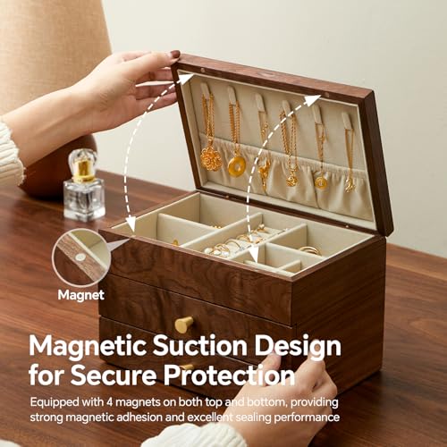 Black Walnut 3 Layer Wooden Jewelry Box Organizer | For Women & Men, Velvet Lining, Earring & Ring Organizer, Large Capacity Drawer Design, For Necklaces & Bracelets - style: 3 layers