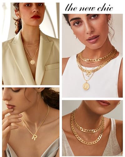 MJartoria Layered Necklaces for Women Trendy Balloon Initial Coin Pendant Necklace Dainty Chunky Chain Choker Necklaces Jewelry Birthday Gifts - color: Gold, style: R
