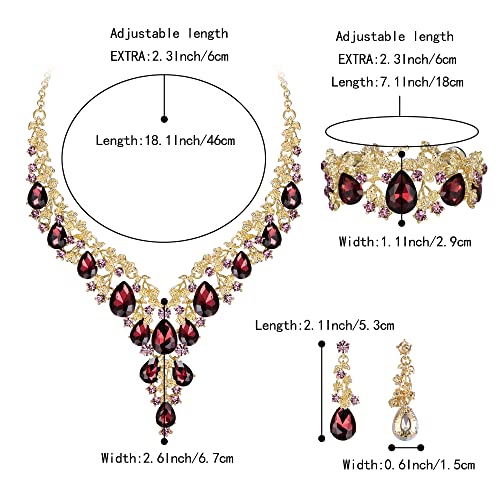 BriLove Women's Wedding Bridal Austrian Crystal Teardrop Flower Cluster Statement Necklace Dangle Earrings Jewelry Set for Party Prom - color: 3Pcs-Deep Amethyst Color Gold-Tone