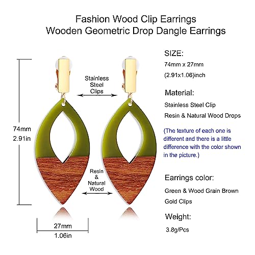 Wooden Geometric Clip On Earrings Women Gold Black Wood Non Pierced Ears Dangle Drop Earrings Triangle Leaf Comfortable Clip Earrings Jewelry - color: Leaf_Green+Gold