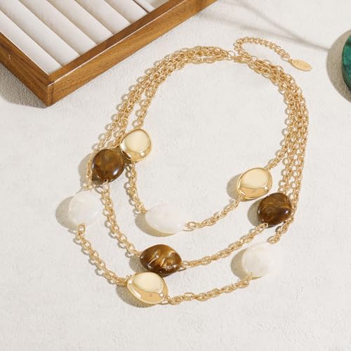 Bocar 3 Layered Statement Necklace for Women Multi Strand Necklace with Resin Beads, Chunky Layered Chain Necklace (NK-10826) - color: Coffee White