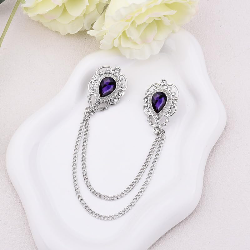 Teardrop Rhinestone Brooch Mens Lapel Pins for Shirt Collar Hanging Chain Brooch Suit Pin Crystal Rhinestone Lapel Pins for Men - color: Purple-J