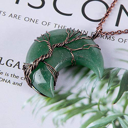 Bivei Life Tree Crescent Moon Necklaces for Women | Copper Wire Wrap Gemstones Pendant Crystals and Natural Stones Necklace Witch Jewellery Christmas Valentine's Day for Friends - color: Green - Green Aventurine, style: Pack of 1