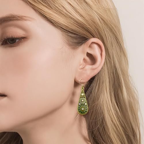 Handmade Bohemian Crystal Teardrop Dangle Earrings, Tribal Retro Copper Hollow Out National Style Geometry Enamel Floral Hook Earrings for Women, Ethnic Statement Jewelry