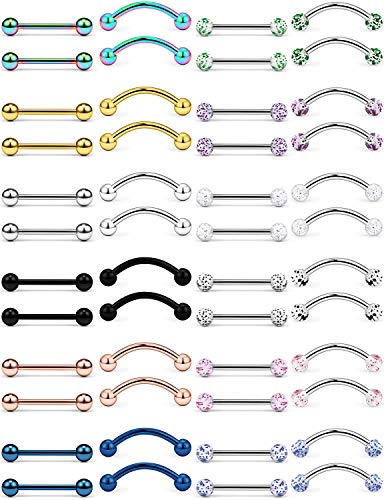 Hoeudjo 48PCS 16G Straight & Curved Barbells Snake Eyes Tongue Rings Surgical Steel Nipple Ring Nipplerings Piercing Jewelry for Women Men 14MM-16MM