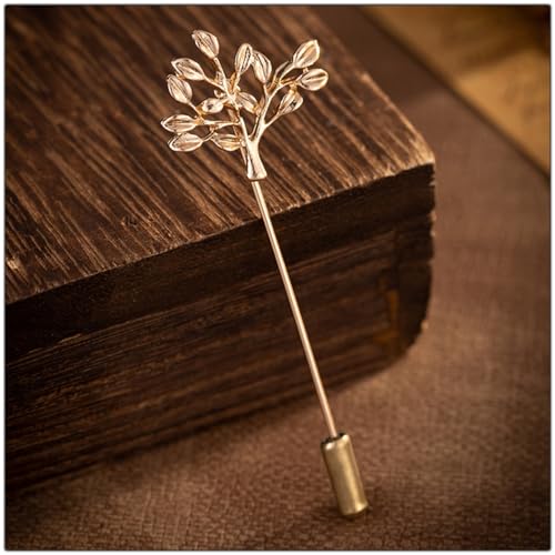 Dreuyet Simple Gold Silver Plated Long Brooch Pins with Cute Animal Antlers Leaves Plant Bees Rabbits Rose Flower Feather Brooch Jewelry for Women Men Elegant Suit Collar Lapel Pin - style: Tree