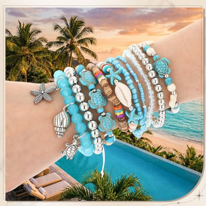 Nosiny 10 Pcs Sea Turtle Bracelet for Women Bahamas Souvenirs Beach Bead Ankle Bracelet Include Starfish Shell Waterproof Handmade Boho Summer Coastal Ocean Jewelry Adjustable Beachy Accessory Gift