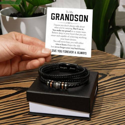 To My GrandSon Bracelet – Love You Forever Braided Leather Bracelet, Meaningful GrandSon Gift from Grandpa & Grandma with Heartfelt Message Card & Elegant Gift Box for Birthday, Christmas - color: Version#6