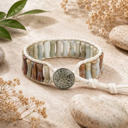 MOINSPIRE Boho Beaded Bracelets for Women - Adjustable Handmade Wrap Bracelet with Tube Natural Stone Beads, Colorful Beaded Strap Bohemian Jewelry Braided for Birthday Gifts - color: Agalmatolite
